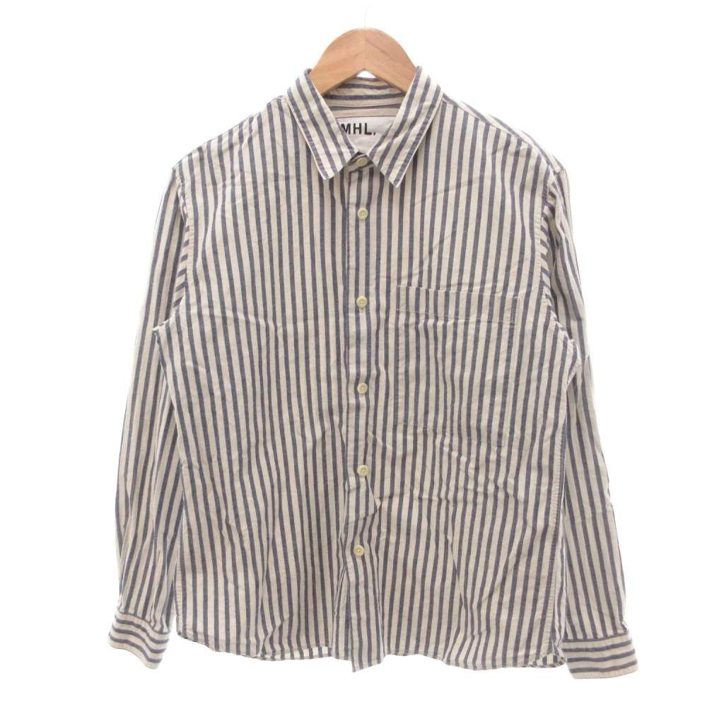 マーガレットハウエル MHL. 美品 シャツ M ストライプ柄 レギュラーカラー 長袖 麻 リネン混 紺 ネイビー 白 ホワイト /SJ ■GY12