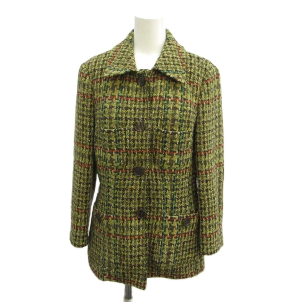 エトロ ETRO ツイードジャケット 上着 ウール 42 マルチカラー（グリーン、オレンジ、ベージュ） ミックスチェック柄 ステンカラー 長袖 / NP ■GY18