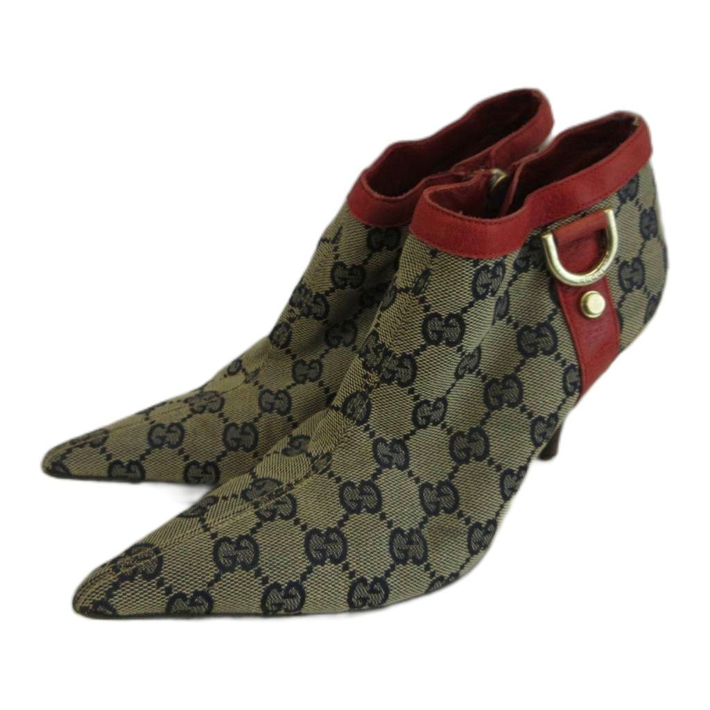 グッチ GUCCI GGキャンバス Dリング アンクルブーツ ブーティ レザー ポインテッドトゥ ハイヒール 総柄 6 23cm ベージュ 赤 レッド 131945 /XZ ■GY50
