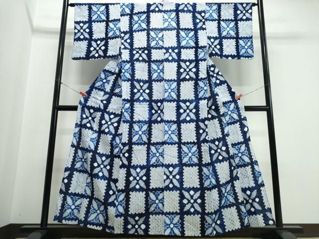 平和屋着物∴夏物　浴衣　有松鳴海絞り　市松花文　綿　逸品　CABJ0211ng