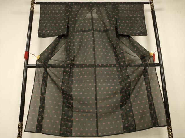 平和屋着物＊夏物　小紋　絽　勝虫　黒地　洗える着物　AABK2682jd