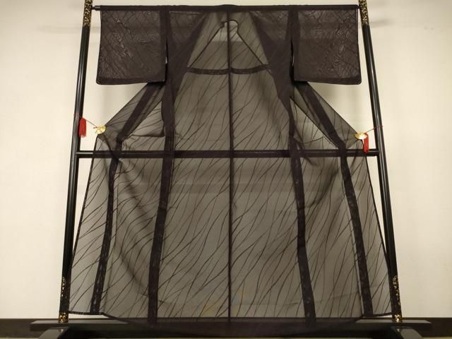 平和屋着物＊夏物　色無地　よろけ斜縞紋紗　黒紅色　正絹　逸品　AABK2690jd