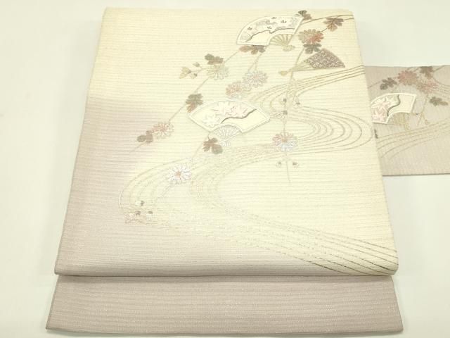 平和屋着物＊夏物　九寸名古屋帯　駒刺繍　扇面流水花文　銀通し地　正絹　逸品　CABJ1700rv