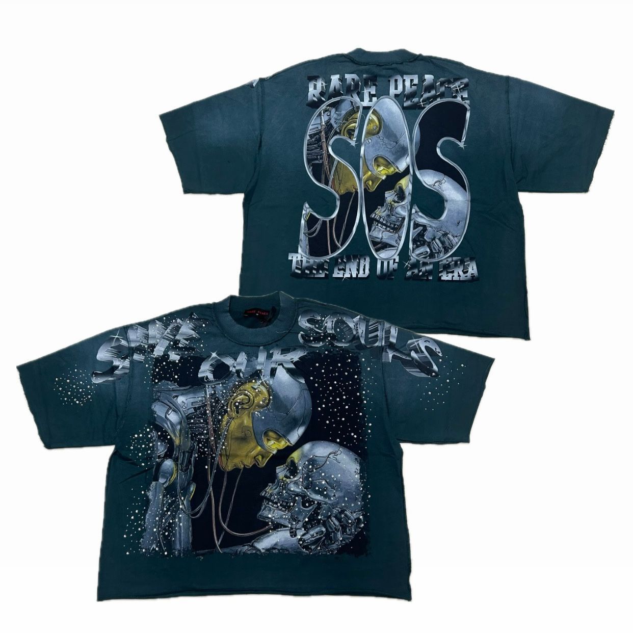 カリフォルニア発 Rare Peace レアピース Save Our Souls オーバーサイズ ラインスト―ン クロップドTシャツ (CropT42)