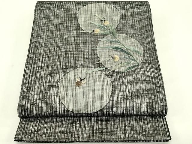 平和屋着物＊夏物　太鼓柄袋帯　すくい織　夏虫　黒地　金銀糸　正絹　逸品　未使用　CABJ1702rv
