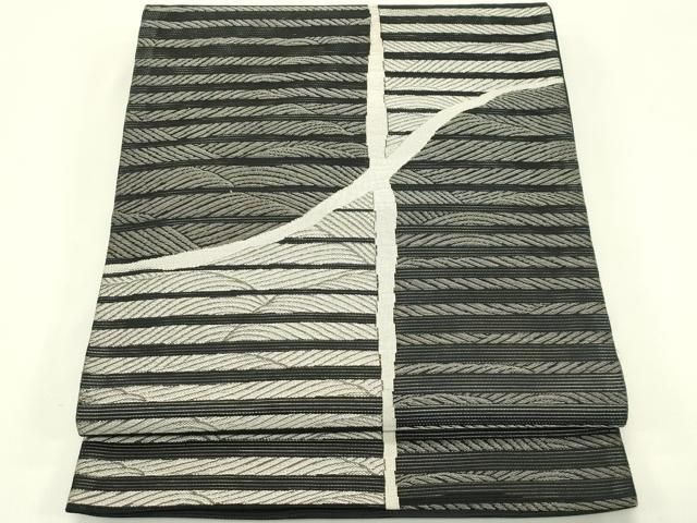 平和屋着物＊夏物　六通柄袋帯　立波文　黒地　銀糸　正絹　逸品　CABJ1704rv