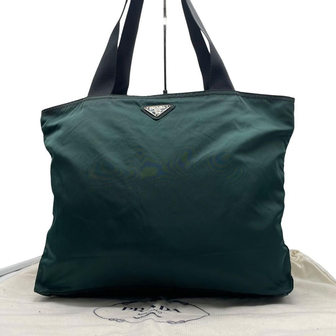 美品 PRADA プラダ トートバッグ 肩掛け 白タグ 三角ロゴ グリーン