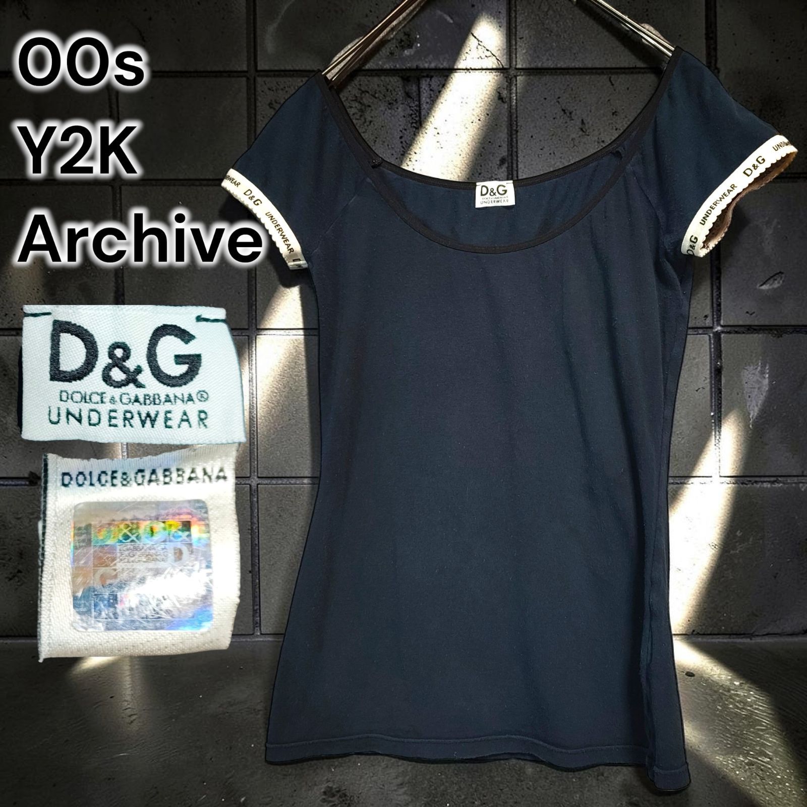 00s D&G DOLCE&GABBANA Y2K Archive ドルチェアンドガッバーナ ディープ ユーネック 半袖 Tシャツ カットソー ネイビー フェード加工 袖ロゴ テープ レース ストレッチ タイト ギミック インナー レディース Sサイズ相当