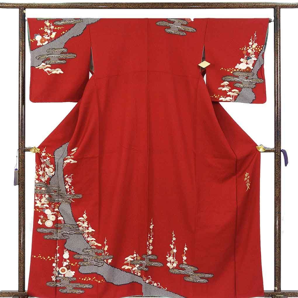 訪問着 身丈165cm 裄65cm 前幅24cm 後幅30cm 袖丈51cm 袖幅33cm レディース 袷 花柄 裄Mサイズ 秋冬春用 正絹(シルク)レッド トールサイズ 美品 中村乃武夫 リメイク リユース リサイクル【呉服のきくや】