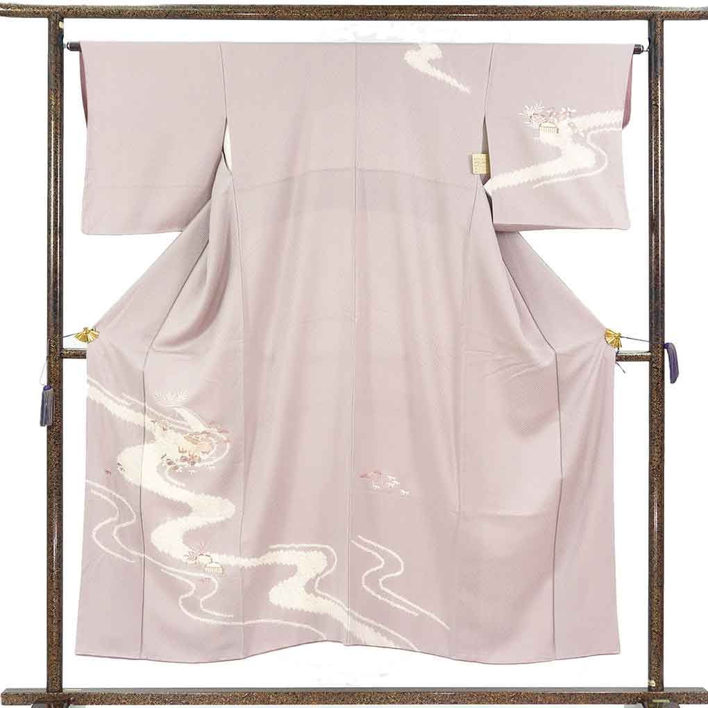 付下 身丈152cm 裄64cm 前幅24.5cm 後幅30.5cm 袖丈47cm 袖幅32cm レディース 袷 絞り 裄Mサイズ 秋冬春用 正絹（シルク）パープル 美品 リメイク リユース リサイクル【呉服のきくや】