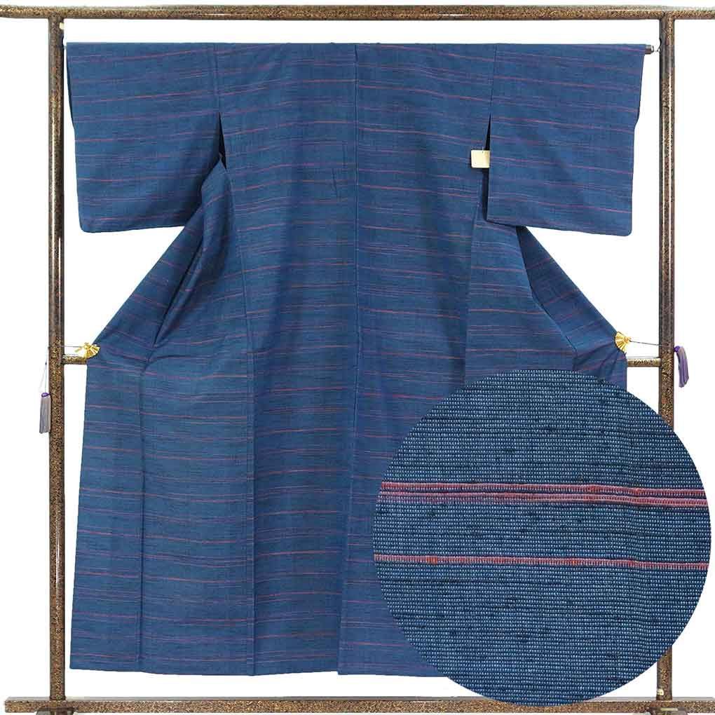 紬 身丈155cm 裄65cm 前幅26cm 後幅32cm 袖丈47cm 袖幅33cm レディース 単衣 横段柄 裄Mサイズ 初夏・初秋用 正絹（シルク）ネイビー やや難 リメイク リユース リサイクル【呉服のきくや】