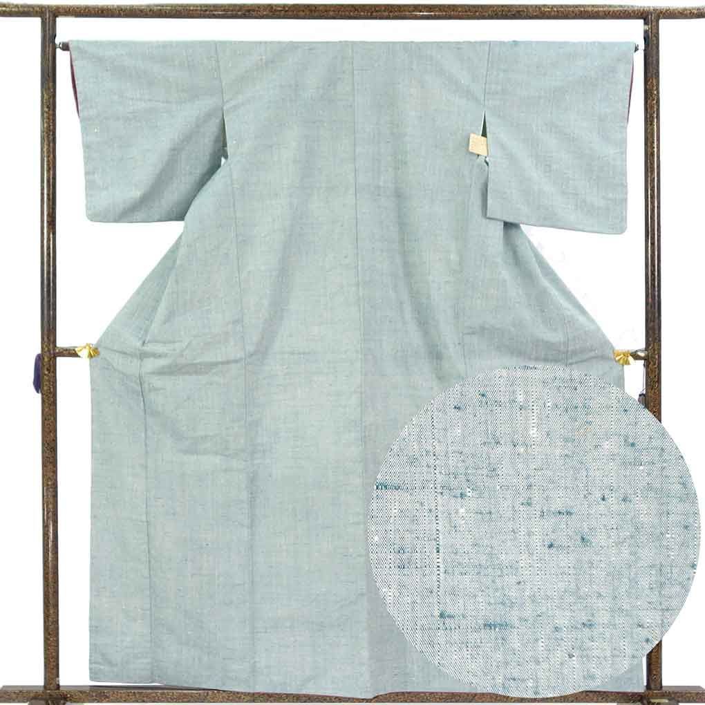 紬 身丈161cm 裄65cm 前幅24cm 後幅29cm 袖丈48cm 袖幅33cm レディース 袷 無地 裄Mサイズ 秋冬春用 正絹（シルク）ブルー 美品 リメイク リユース リサイクル【呉服のきくや】
