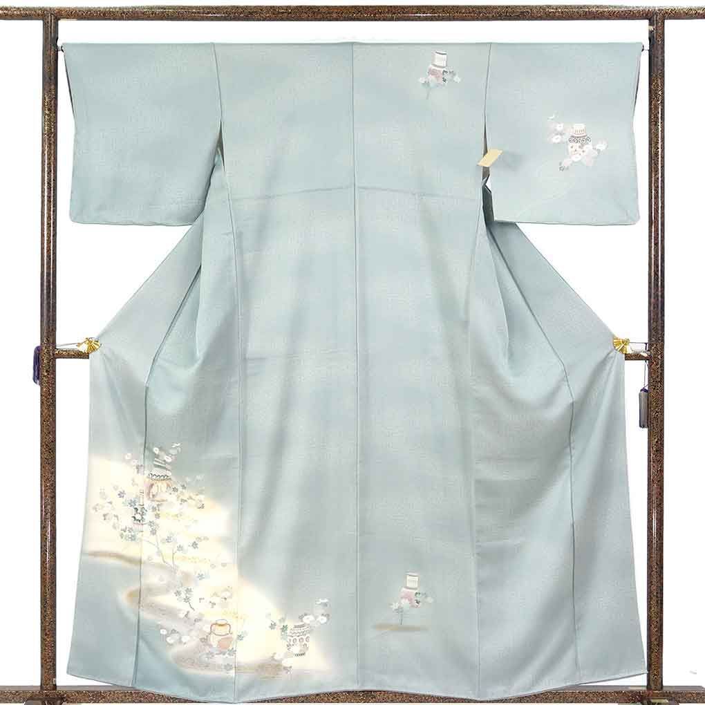 訪問着 身丈160cm 裄66cm 前幅24cm 後幅29cm 袖丈45cm 袖幅34cm レディース 袷 花柄 裄長 裄M-Lサイズ 秋冬春用 正絹（シルク）ブルー 未使用品 リメイク リユース リサイクル【呉服のきくや】