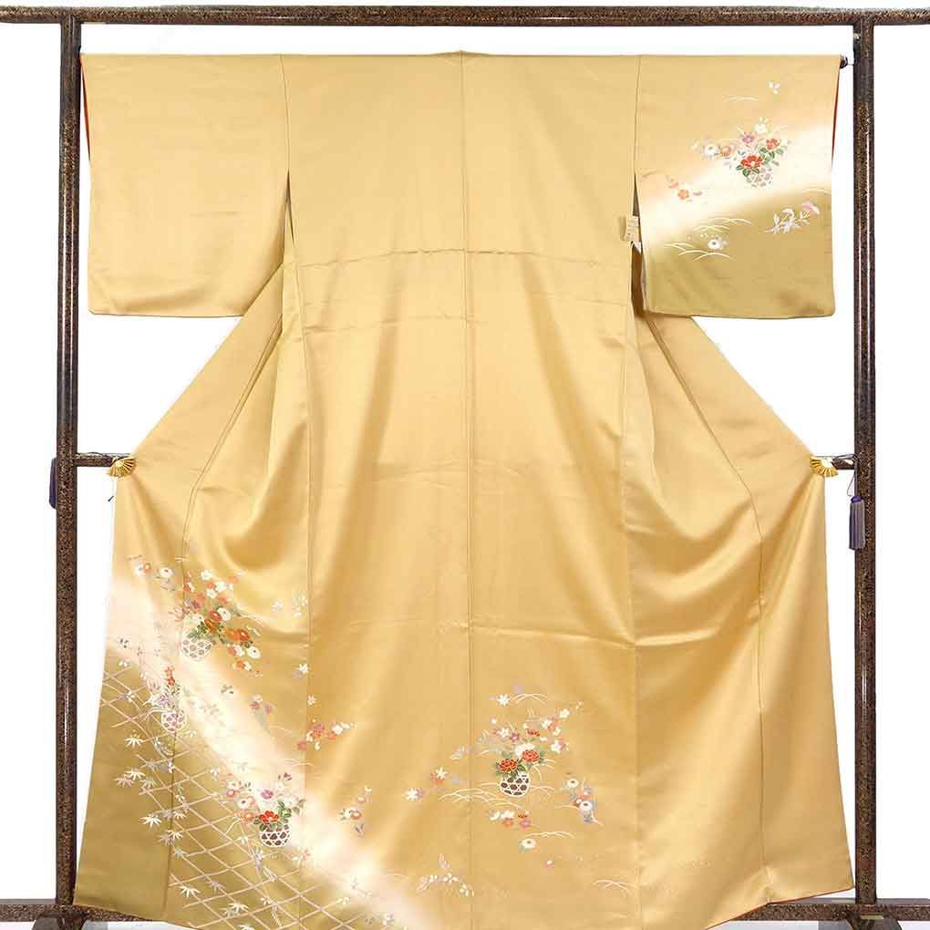 訪問着 身丈164cm 裄66cm 前幅25cm 後幅30cm 袖丈49cm 袖幅34.5cm レディース 袷 花柄 裄長 裄M-Lサイズ 秋冬春用 正絹（シルク）ブラウン トールサイズ 美品 リメイク リユース リサイクル【呉服のきくや】