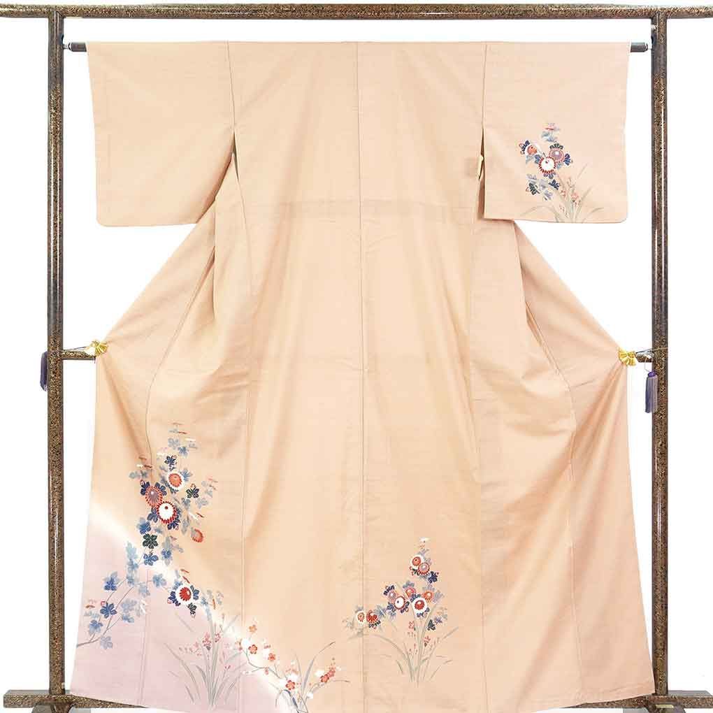訪問着 身丈163cm 裄63cm 前幅23.5cm 後幅29cm 袖丈45cm 袖幅33cm レディース 袷 花柄 裄Mサイズ 秋冬春用 正絹（シルク）ブラウン 美品 リメイク リユース リサイクル【呉服のきくや】 11,232円