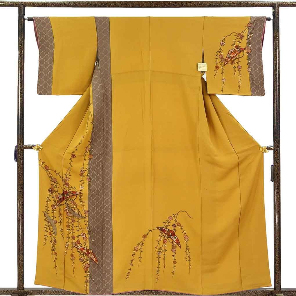 訪問着 身丈160cm 裄63cm 前幅22cm 後幅28cm 袖丈47cm 袖幅33cm レディース 袷 傘 裄Mサイズ 秋冬春用 正絹(シルク)イエロー やや難 リメイク リユース リサイクル【呉服のきくや】
