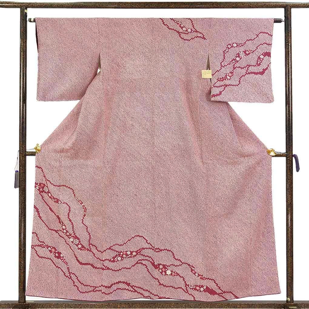 訪問着 身丈158cm 裄63cm 前幅24.5cm 後幅28.5cm 袖丈48cm 袖幅33cm レディース 袷 絞り 裄Mサイズ 秋冬春用 正絹（シルク）パープル やや難 リメイク リユース リサイクル【呉服のきくや】
