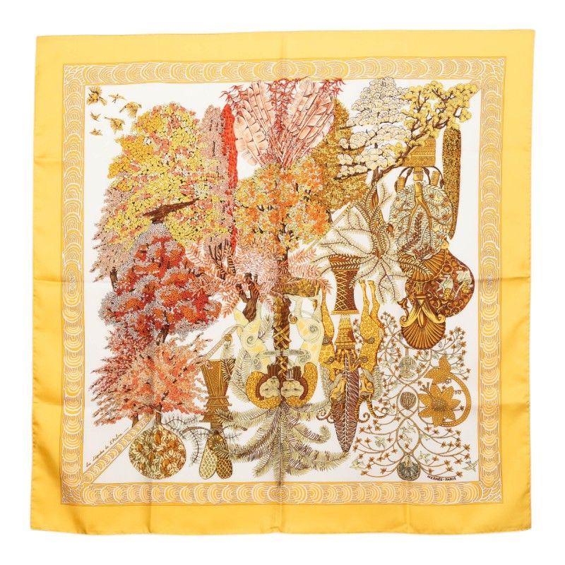エルメス カレ90 Les Legendes de L'Arbre 木の伝説 スカーフ 大判 イエロー系 マルチカラー シルク レディース HERMES【1-0274071】