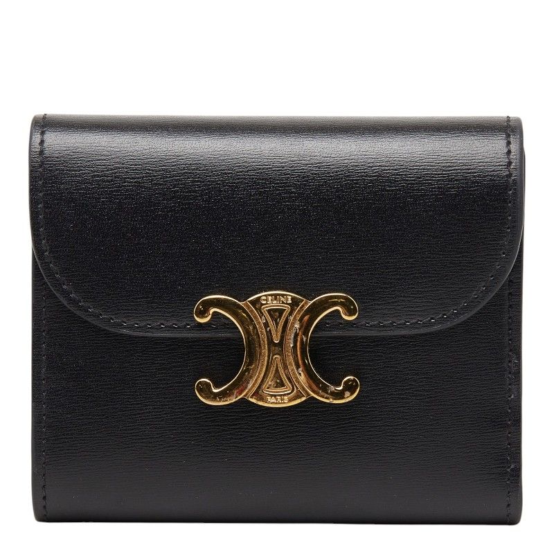 セリーヌ トリオンフ コンパクトウォレット 三つ折り財布 ブラック レザー レディース CELINE【214-74492】