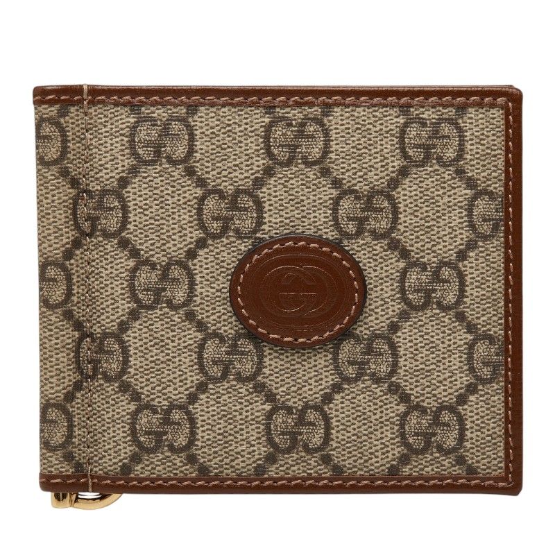 グッチ GGスプリーム マネークリップ 二つ折り財布 700686 ベージュ ブラウン PVC レザー レディース GUCCI【230-75613】