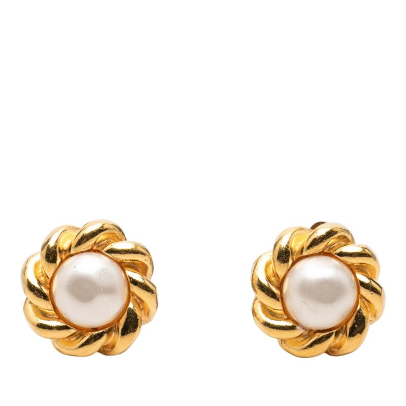 シャネル ヴィンテージ フラワー モチーフ イヤリング ゴールド メッキ フェイクパール レディース CHANEL【1-0276327】
