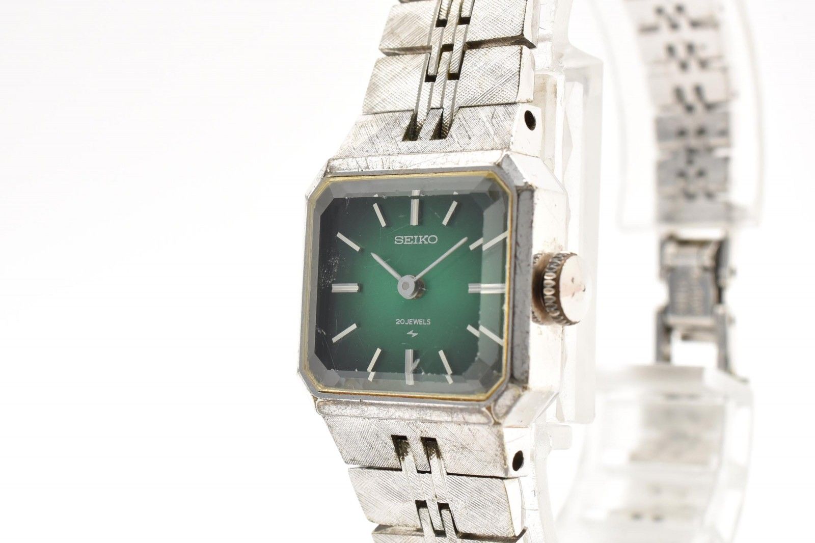 SEIKO セイコー 17-3330 手巻き レディース 腕時計 グリーン文字盤 スクエアケース WGP ステンレスブレス ドレスウォッチ 1970年代