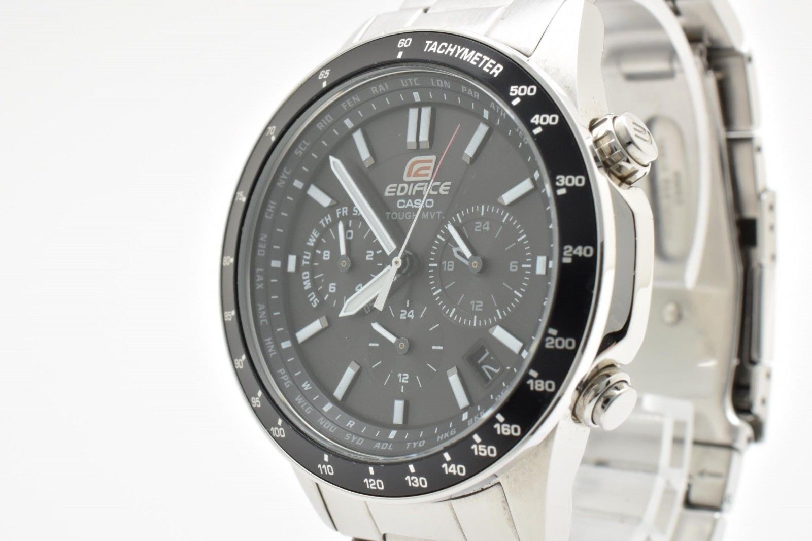CASIO カシオ EDIFICE エディフィス EQW-55D 電波ソーラー クロノグラフ メンズ 腕時計 ブラック文字盤 ステンレス 箱 余りコマ付