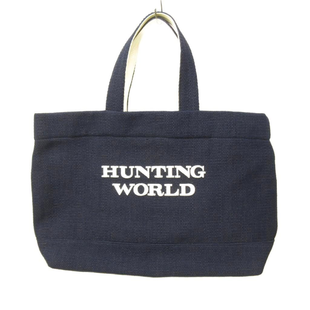 ハンティングワールド HUNTING WORLD 美品 トートバッグ ロゴ 刺繍 キャンバス 紺 ネイビー 0615