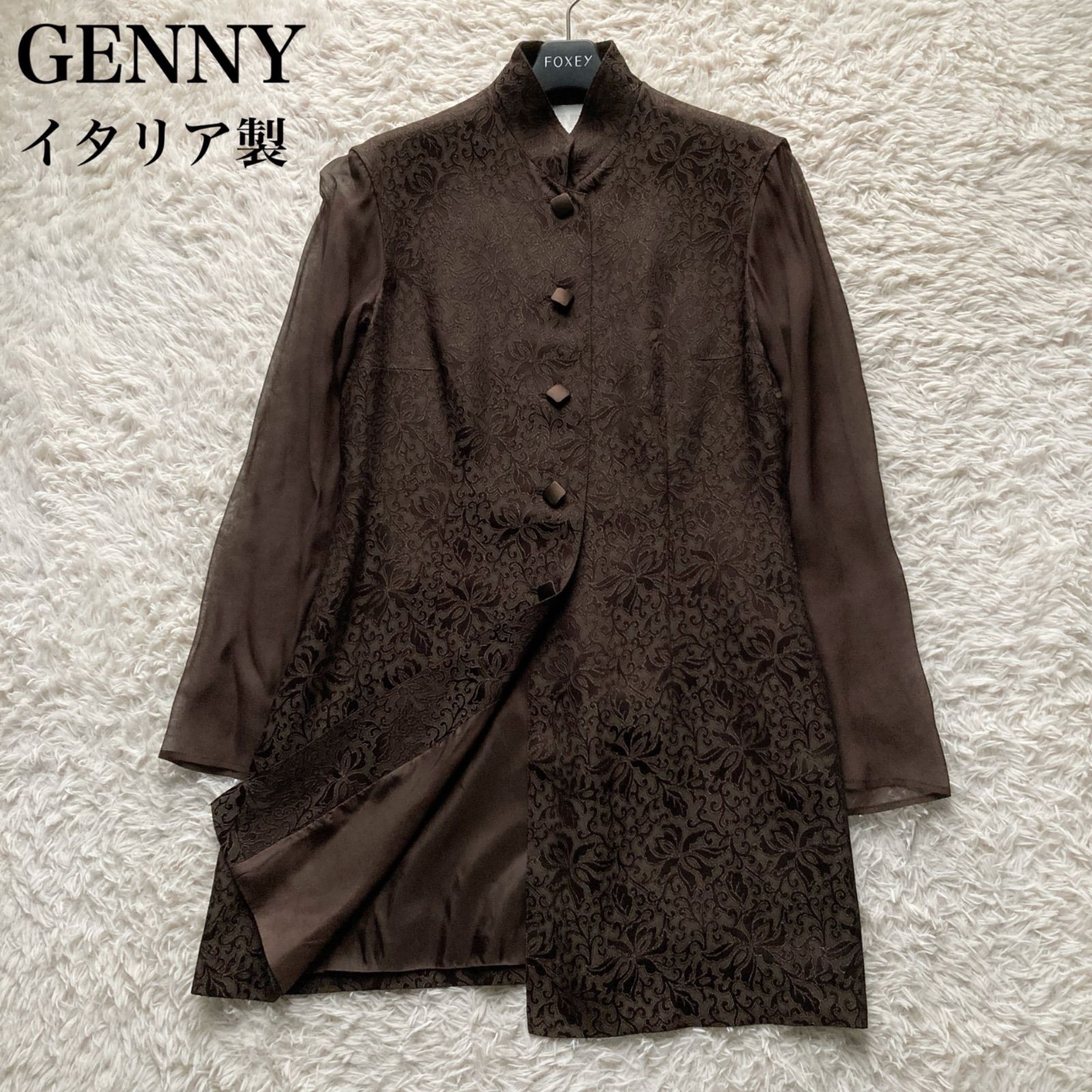ジェニー GENNY イタリア製 アセテート シースルー袖 シフォン袖 ロングジャケット 羽織り チャイナ マオカラー スタンドカラー 長袖 異素材切替 ダークブラウン 42 L フォーマル パーティー エレガント 高級 上品 クラシカル 花柄 総柄 美品