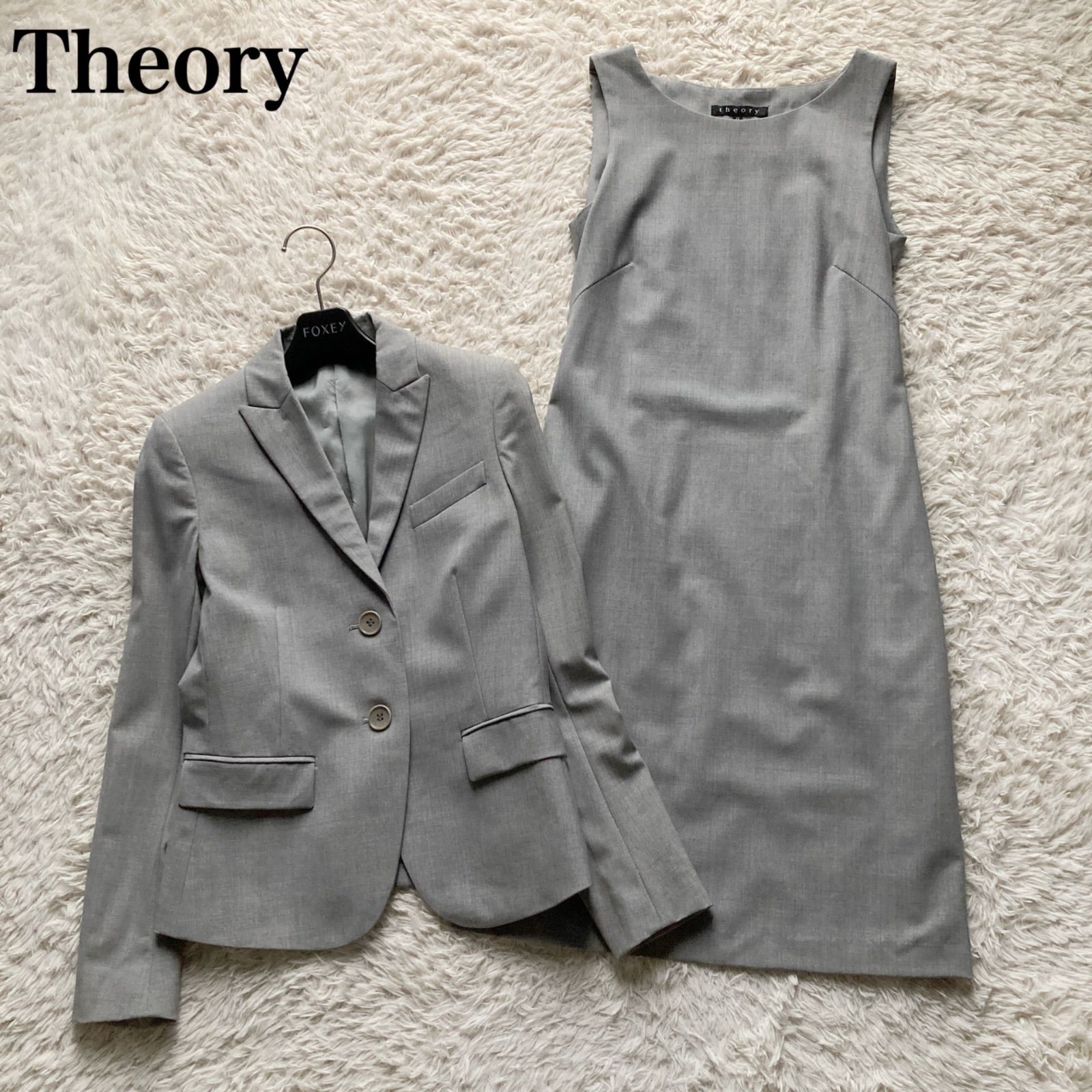 セオリー Theory 日本製 ウール セットアップ スーツ テーラードジャケット ノースリーブワンピース ひざ丈 シングル 2B ライトグレー サイズ0 S相当 フォーマル ビジネス セレモニー 面接 通勤 オフィス ストレッチ 上品 きれいめ 美品