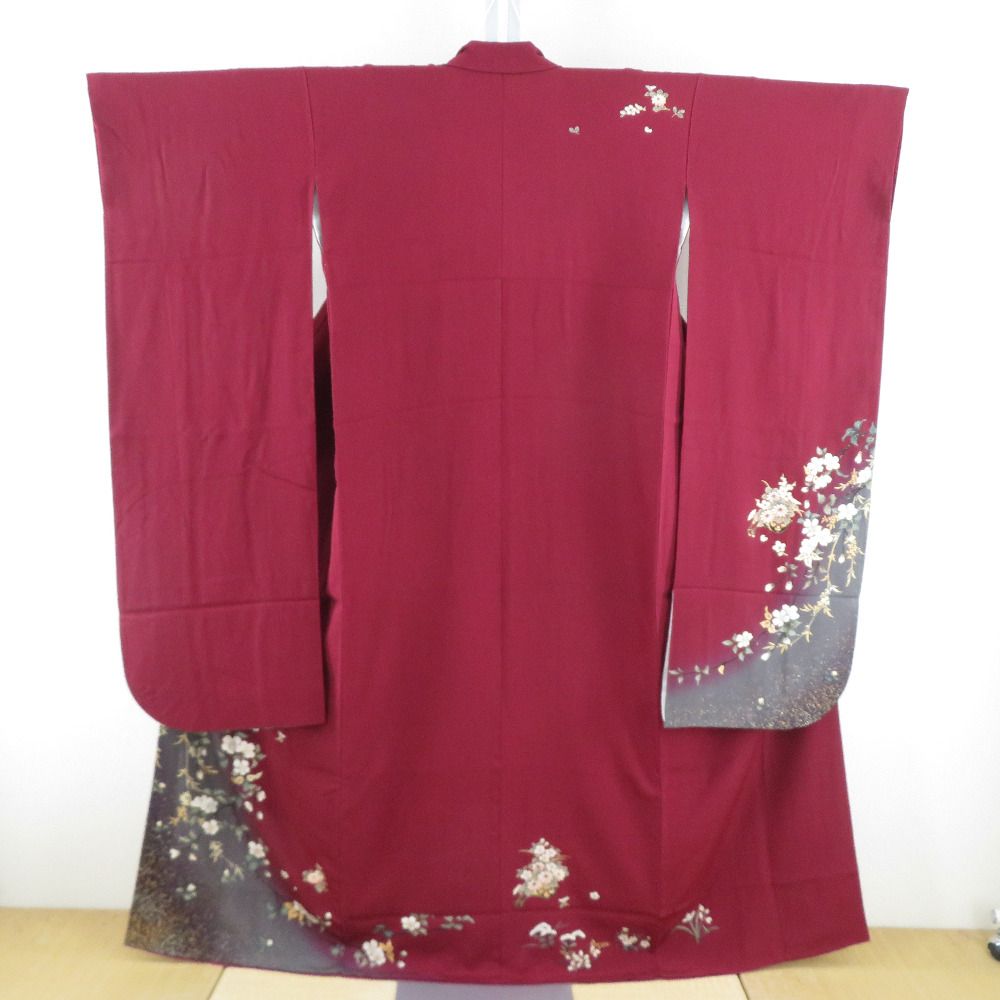 振袖 ワインレッドｘダークグレー 箔入り 桜に花車文様 正絹 袷 広衿 幅細め 成人式 仕立て上がり 身丈160cm