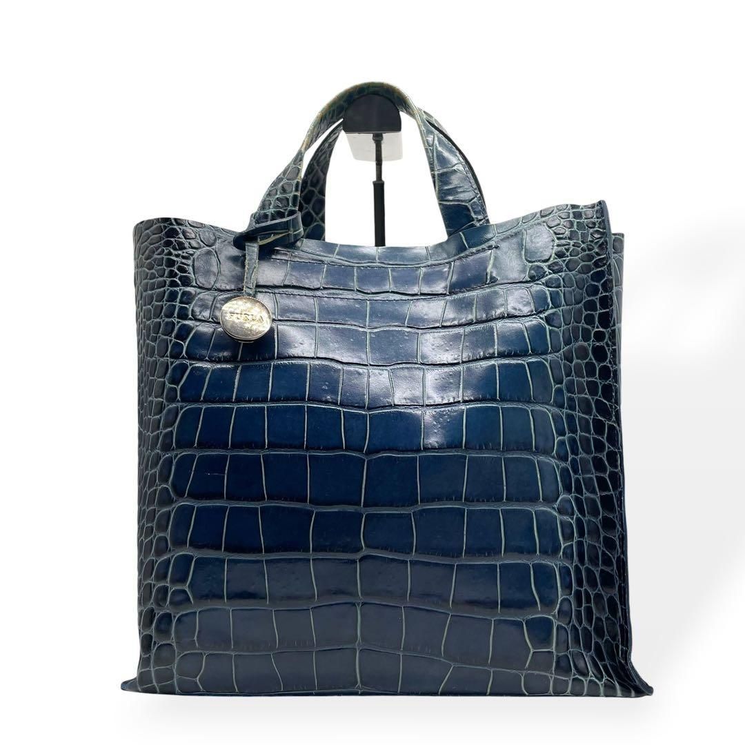 美品　FURLA フルラ　ハンドバッグ　クロコ型押し　レザー　ブルー