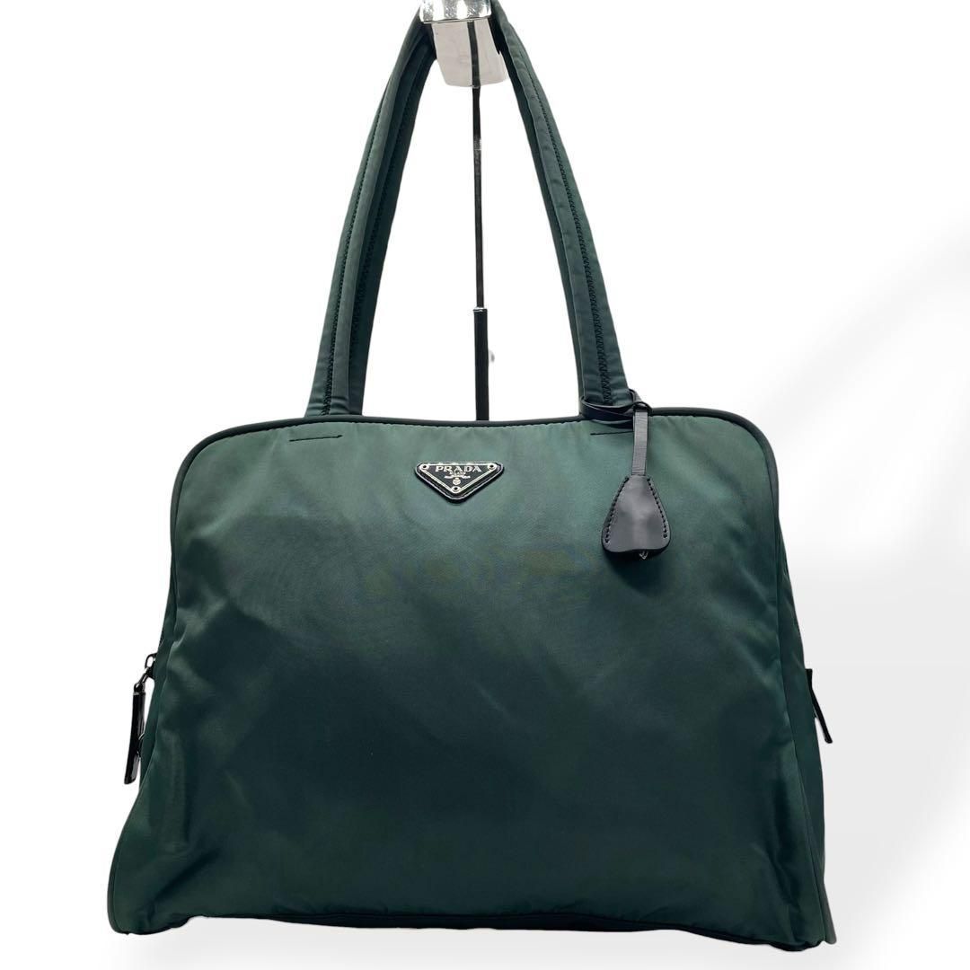 美品 PRADA プラダ トートバッグ ナイロン グリーン 三角ロゴ 白タグ 