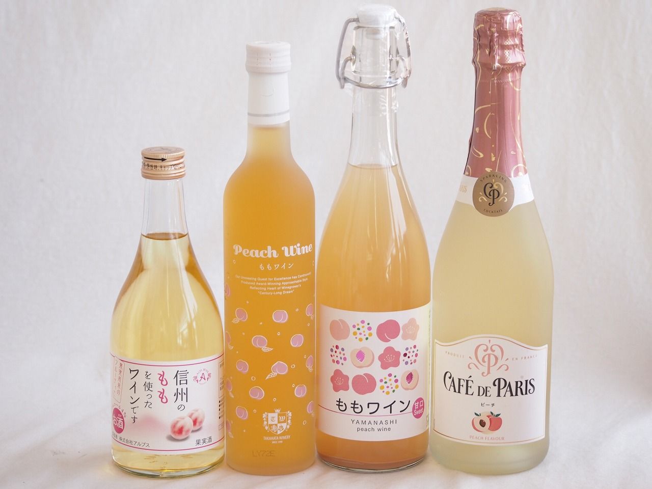 桃の果実感4本セット(高畠ももワイン7度(山形県) カフェド パリ ピーチスパークリングワインやや甘口6度(フランス) アデカ ももワイン甘口 5度(千葉県) アルプス 信州のももを使ったワインです4度(長野県)) 500ml×2本 750ml×1本 7