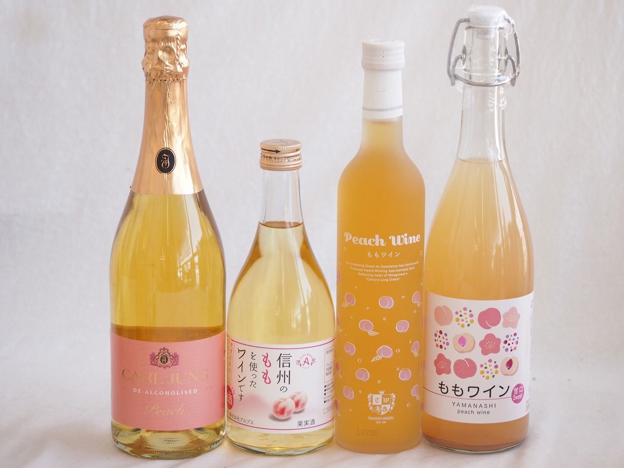 桃の果実感4本セット(高畠ももワイン7度(山形県) アデカ ももワイン甘口 5度(千葉県) アルプス 信州のももを使ったワインです4度(長野県) カールユング ピーチ ノンアルコールスパークリング(ドイツ)) 500ml×2本 720ml×1本 750m