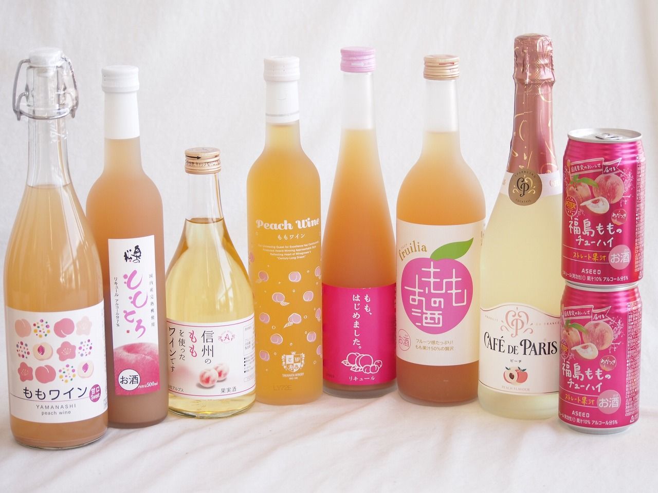 桃の果実感9本セット(高畠ももワイン7度(山形県) 中埜もものお酒 7度(愛知県) カフェド パリ ピーチスパークリングワインやや甘口6度(フランス) アデカ ももワイン甘口 5度(千葉県) 奥の松 ももとろ7 度(福島県) ももはじめました もも梅酒8