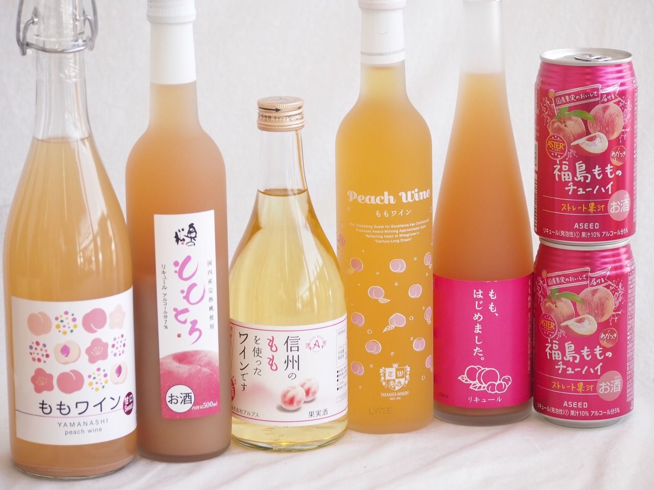 桃の果実感7本セット(高畠ももワイン7度(山形県) アデカ ももワイン甘口 5度(千葉県) 奥の松 ももとろ7 度(福島県) ももはじめました もも梅酒8度(福岡県) アルプス 信州のももを使ったワインです4度(長野県) アシードブリュー 福島もものチュ 8,075円