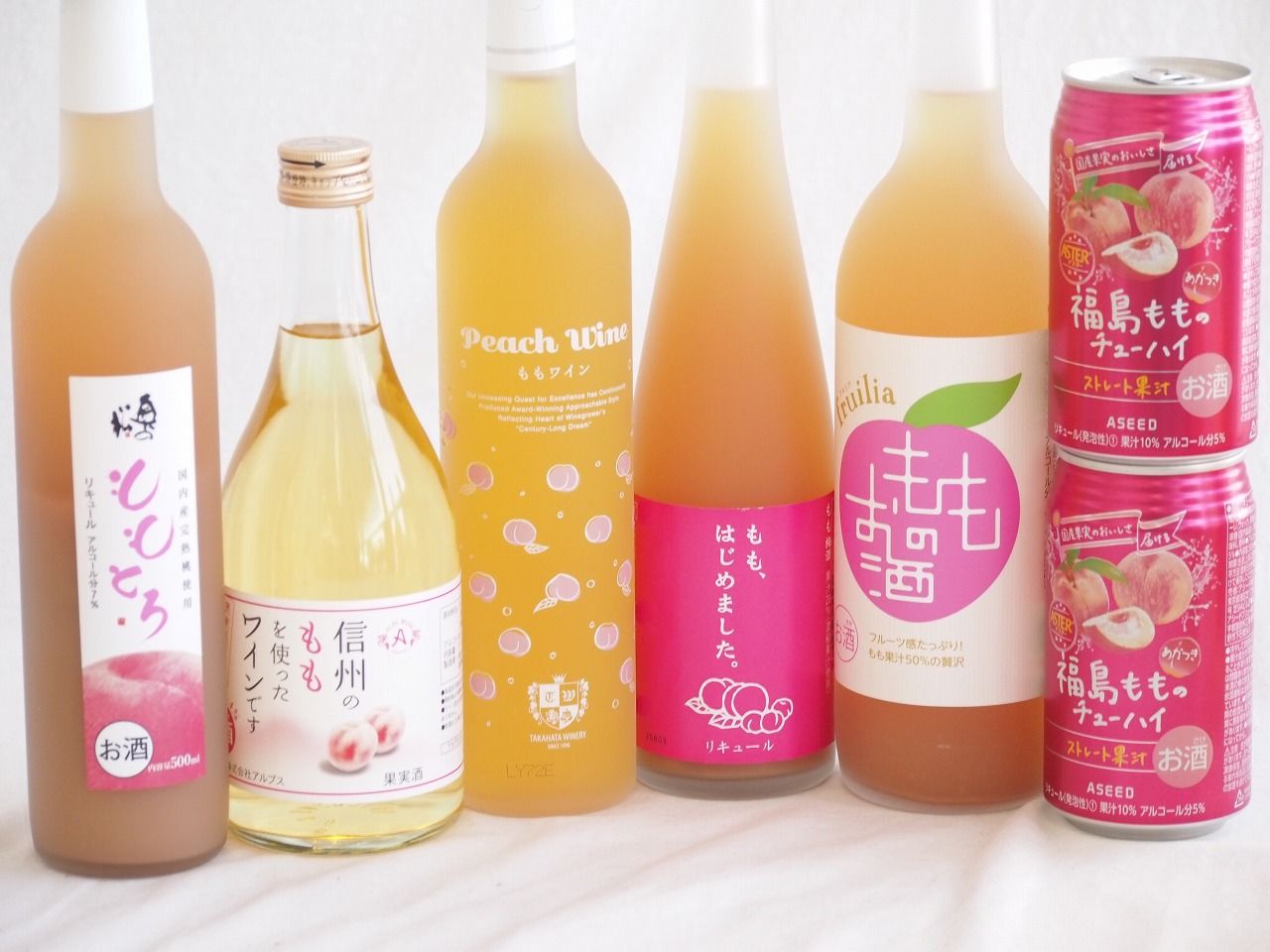 桃の果実感7本セット(高畠ももワイン7度(山形県) 中埜もものお酒 7度(愛知県) 奥の松 ももとろ7 度(福島県) ももはじめました もも梅酒8度(福岡県) アルプス 信州のももを使ったワインです4度(長野県) アシードブリュー 福島もものチューハイ缶