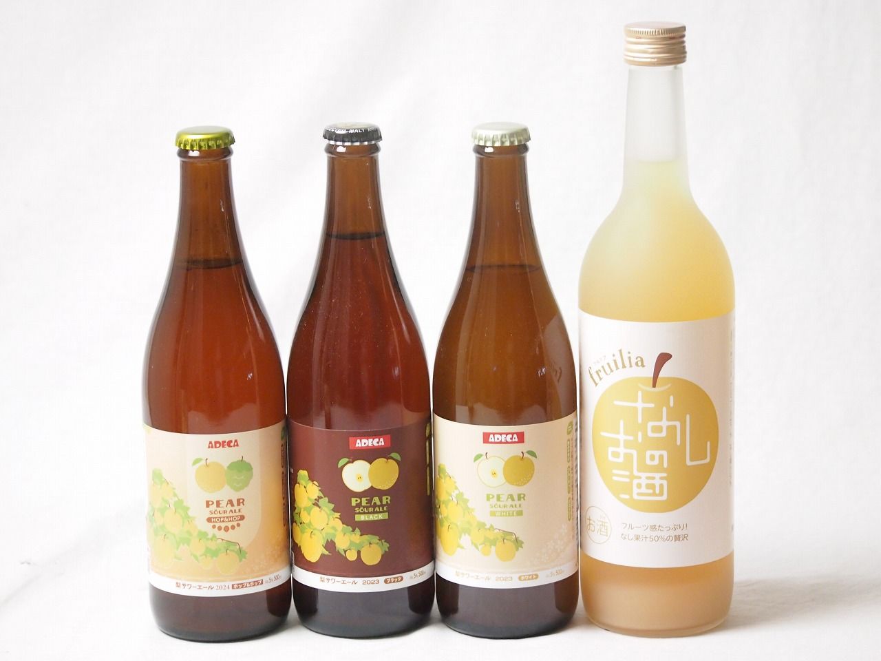 梨の果汁感たっぷり4本セット(アデカ 梨サワーエールホップ＆ホップ5度(千葉県) アデカ 梨サワーエールホワイト5度(千葉県) アデカ 梨サワーエールブラック5度(千葉県) 中埜酒造 なしのお酒 7度(愛知県)) 500ml×3本 720ml×1本