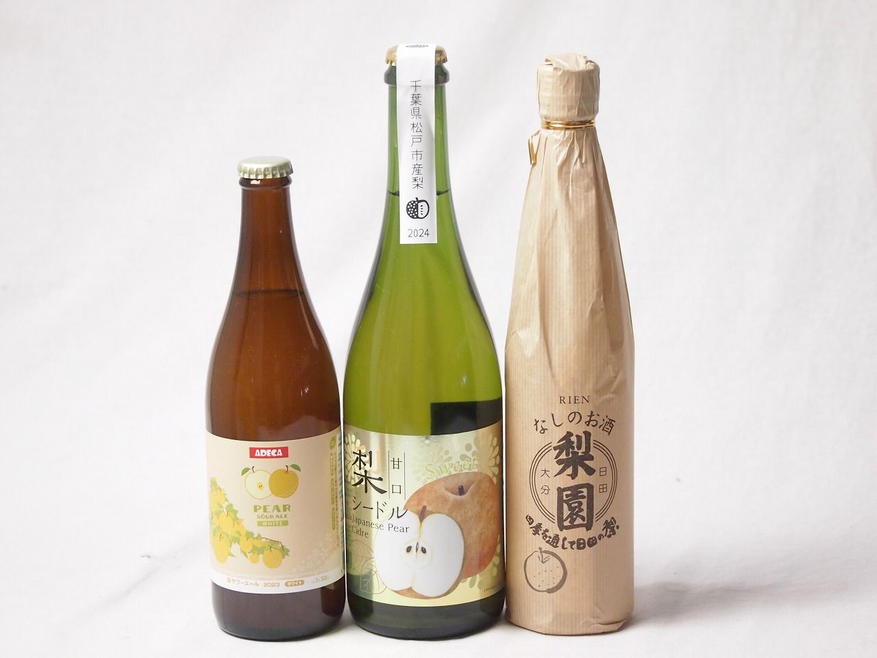 梨の果汁感たっぷり3本セット(アデカ 梨サワーエールホワイト5度(千葉県) アデカ 千葉県産甘口梨シードル6度(長野県) 老松酒造 梨園 12度(大分県)) 500ml×2本 750ml×1本