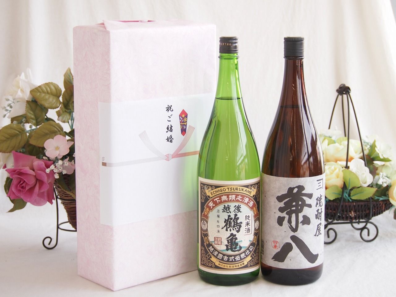祝福の気持ちを寿々の香り日本酒セット 越後鶴亀 純米酒(新潟県)四ツ谷酒造 兼八麦焼酎(大分県)1800ml×2本