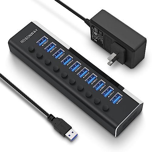 USB3.0ハブ 電源付き ROSONWAY 10ポート USBハブ アルミ製で アップ 5Gbps高速転送 セルフパワー USB拡張 独立スイッチ付 12V/3A ACアダプタ付き(RSH-A10)★m 25c0690d