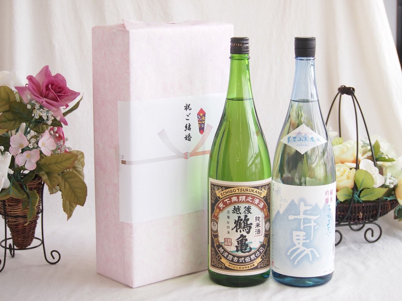 祝福の気持ちを寿々の香り日本酒セット 越後鶴亀 純米酒(新潟県)細川酒造 上げ馬純米吟醸（三重県）1800ml×2本