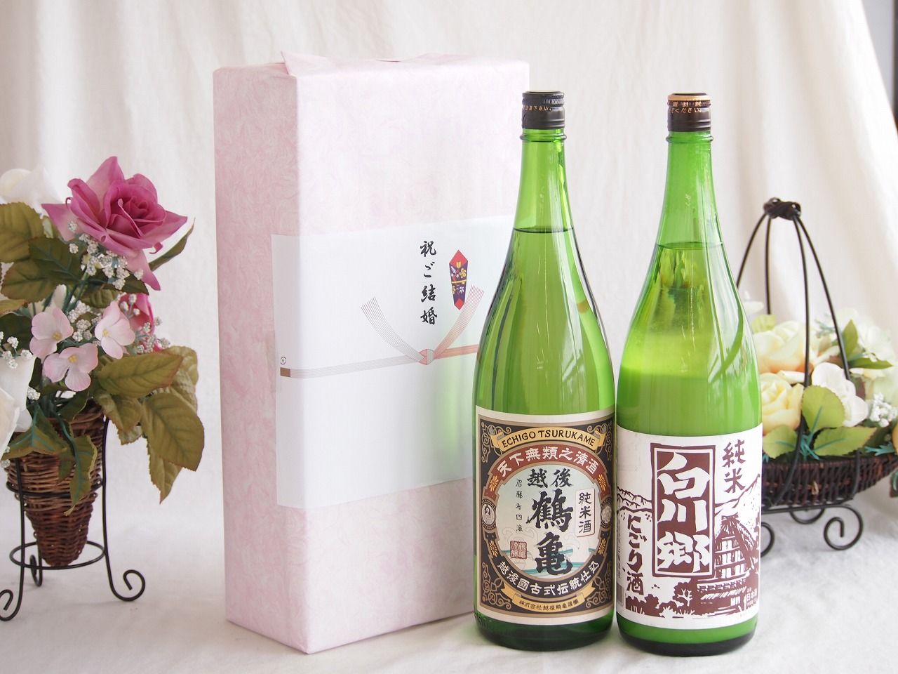 祝福の気持ちを寿々の香り日本酒セット 越後鶴亀 純米酒(新潟県)三輪酒造 白川郷 純米にごり酒(岐阜県)1800ml×2本