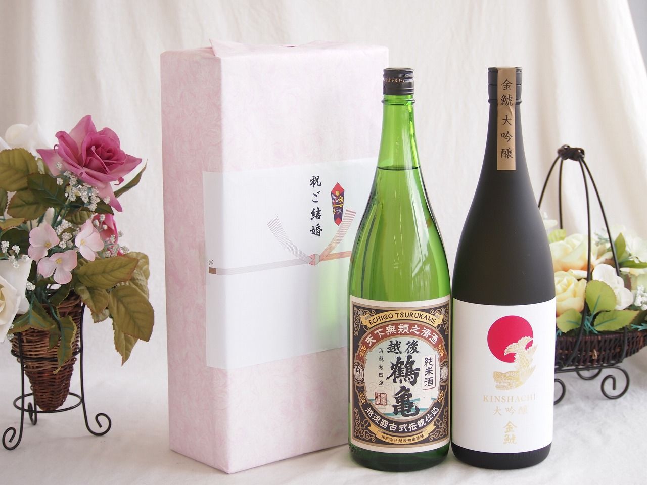 祝福の気持ちを寿々の香り日本酒セット 越後鶴亀 純米酒(新潟県)金しゃち酒造 金鯱大吟醸(愛知県)1800ml×2本