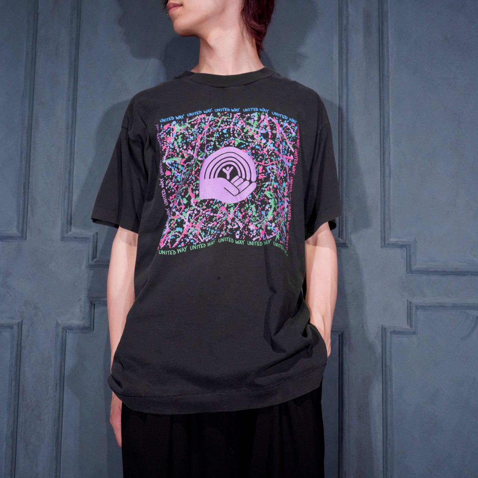 90's USA VINTAGE FRUITS OF THE LOOM UNITED WAY SPRASH PRINT DESIGN GRAPHIC T SHIRT/90年代アメリカ古着スプラッシュプリントデザイングラフィックTシャツ