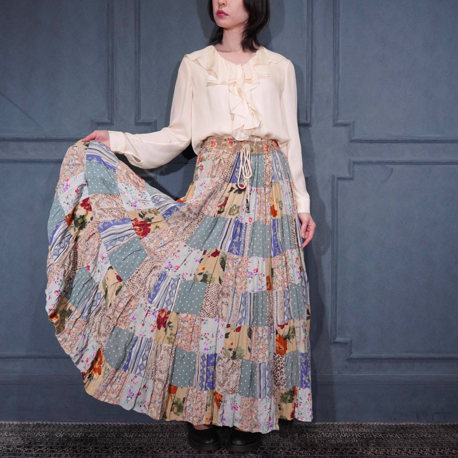 USA VINTAGE FLOWER PATTERNED PATCHWORK DESIGN RAYON LONG SKIRT/アメリカ古着お花柄パッチワークデザインレーヨンロングスカート
