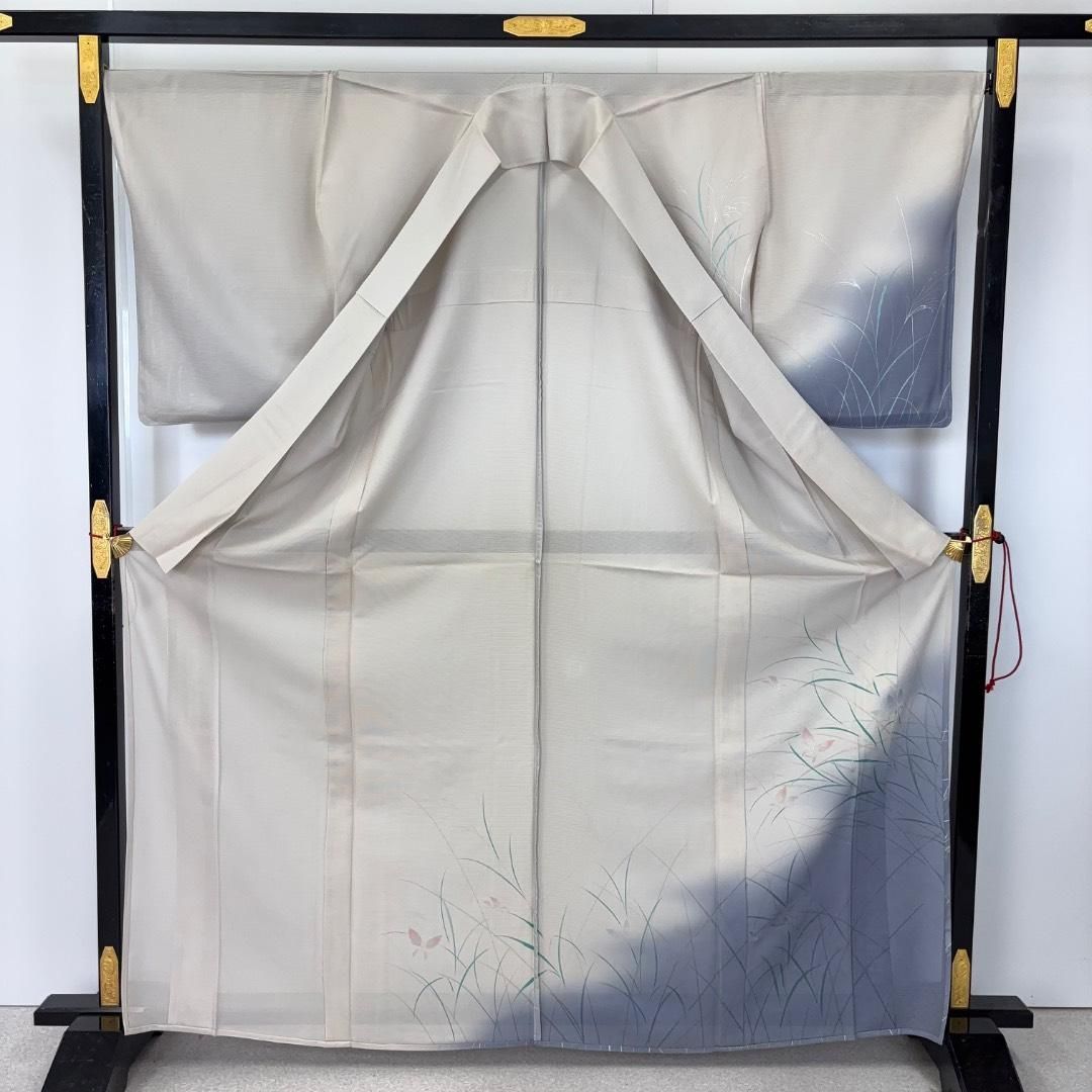 夏着物 付下げ 絽 芒に蝶々 灰白色 しつけ糸 トールサイズ K-6054