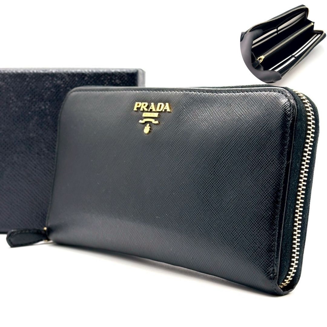 黒に品格を整える】 PRADA 長財布 サフィアーノレザー ラウンド