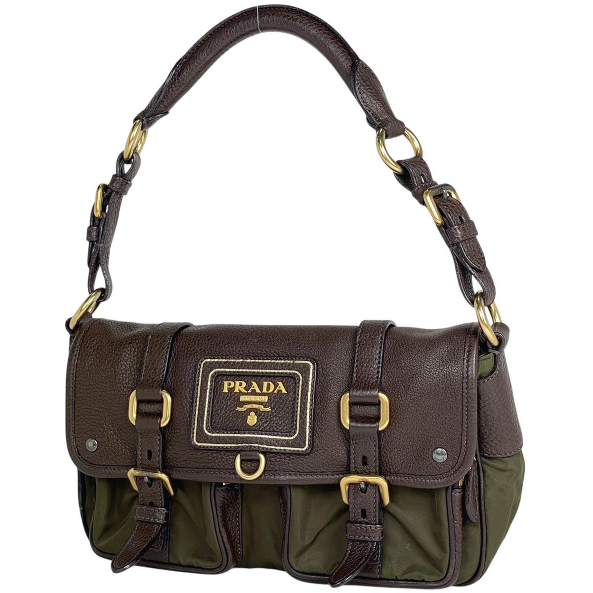 プラダ PRADA ロゴ ショルダーバッグ カーキ ナイロン グリーンベージュ レディース 【中古】